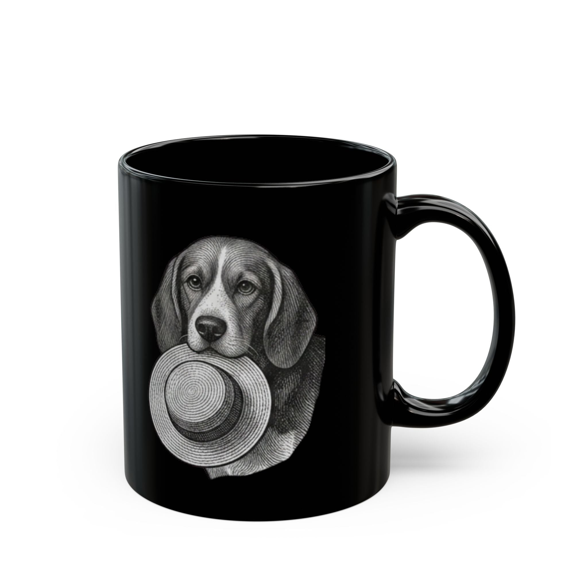 Beagle with Straw Hat Black Mug — Cute Dog Coffee Tea Cup (11oz/15oz)