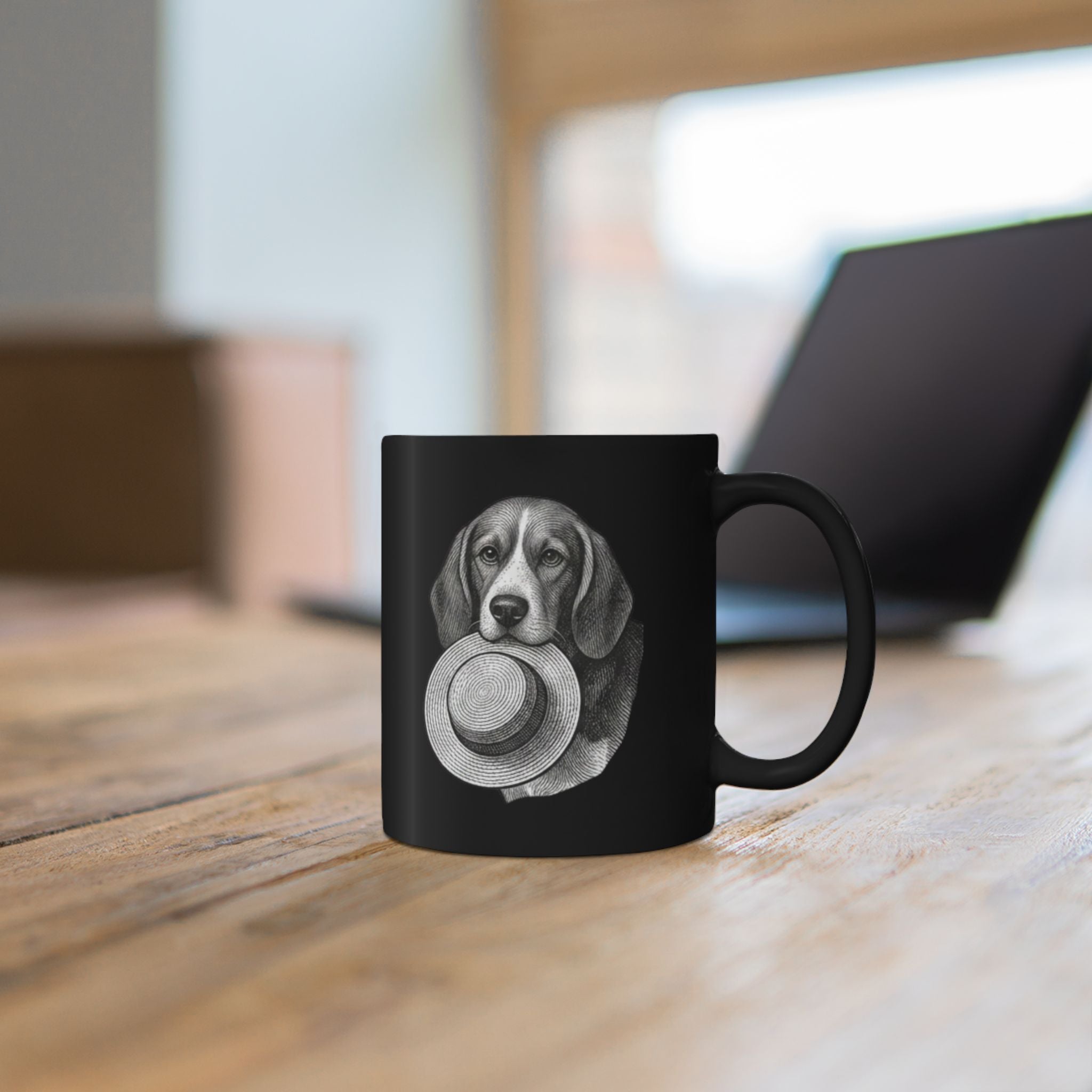 Beagle with Straw Hat Black Mug — Cute Dog Coffee Tea Cup (11oz/15oz)