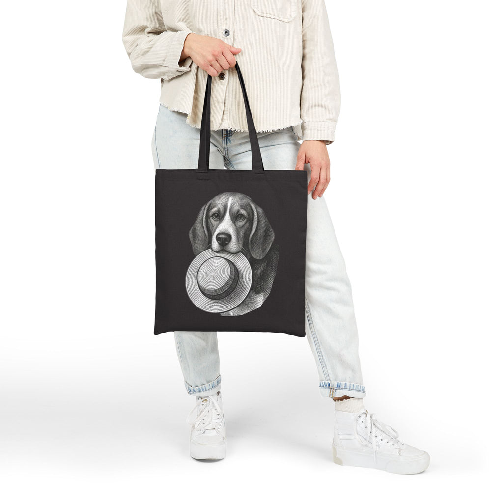 Beagle Holding Straw Hat Tote Bag — Vintage Dog Canvas Tote