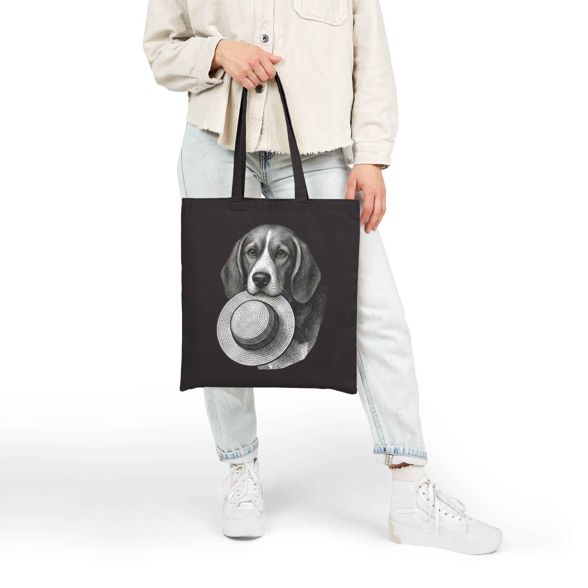 Beagle Holding Straw Hat Tote Bag — Vintage Dog Canvas Tote