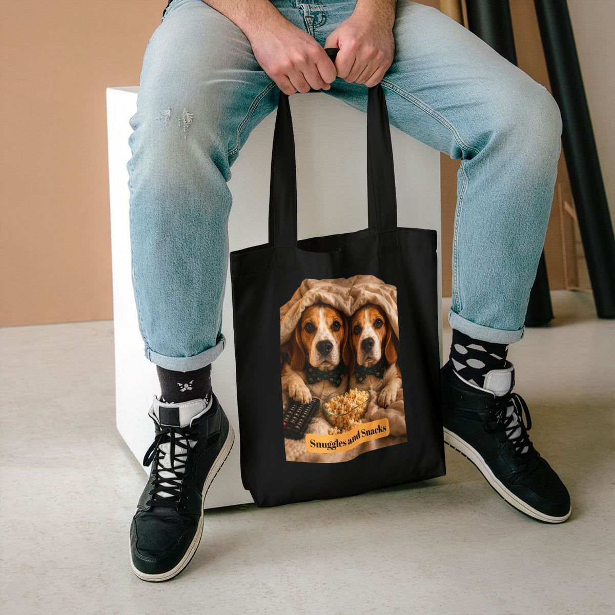 Tote Bag — "Snuggles and Snacks" Beagle Dog Print Cotton Tote