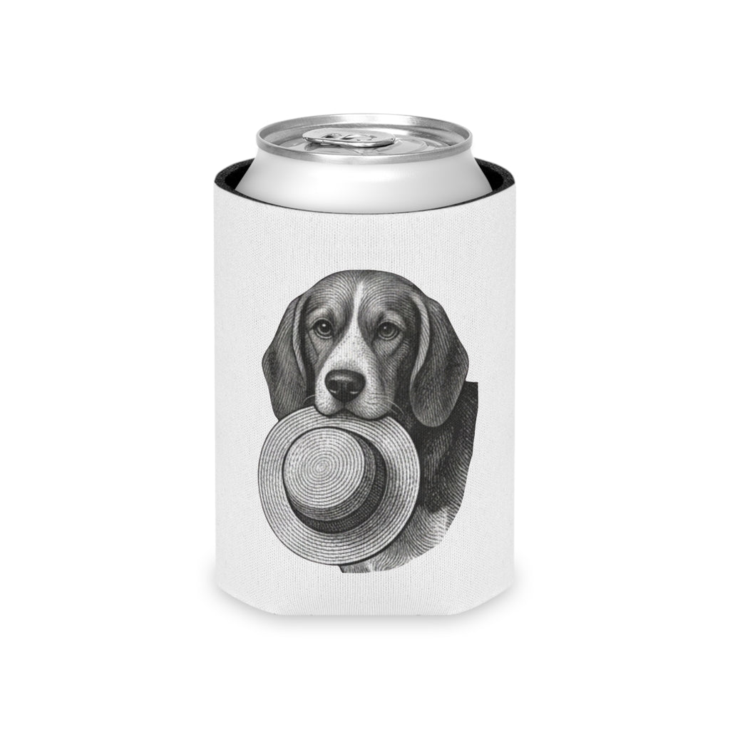 Can Cooler — Vintage Beagle Holding Straw Hat Illustration