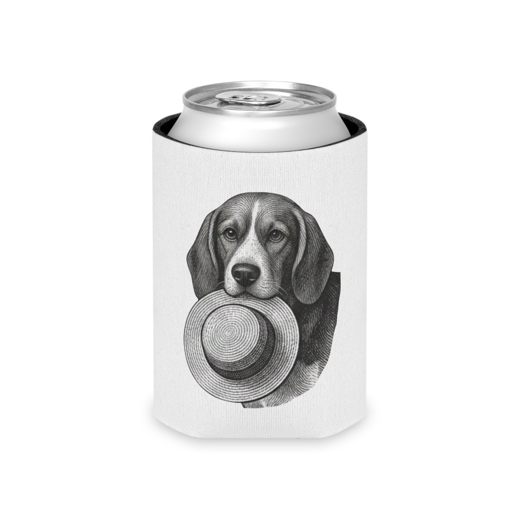 Can Cooler — Vintage Beagle Holding Straw Hat Illustration
