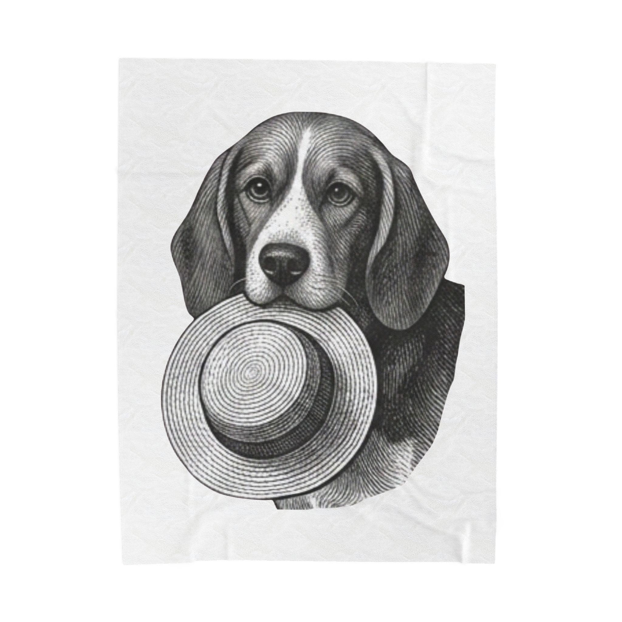 Beagle with Straw Hat Velveteen Plush Blanket — Cozy Dog Throw for Pet Lovers
