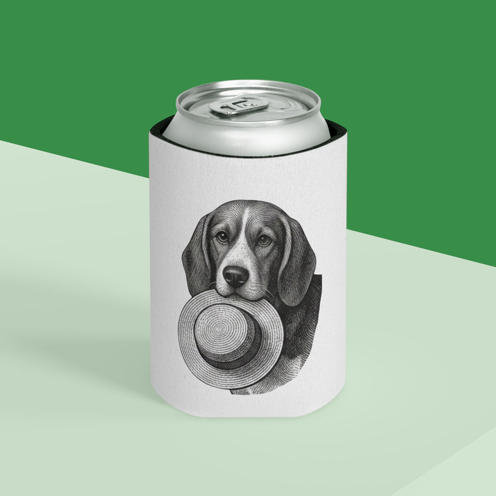 Can Cooler — Vintage Beagle Holding Straw Hat Illustration