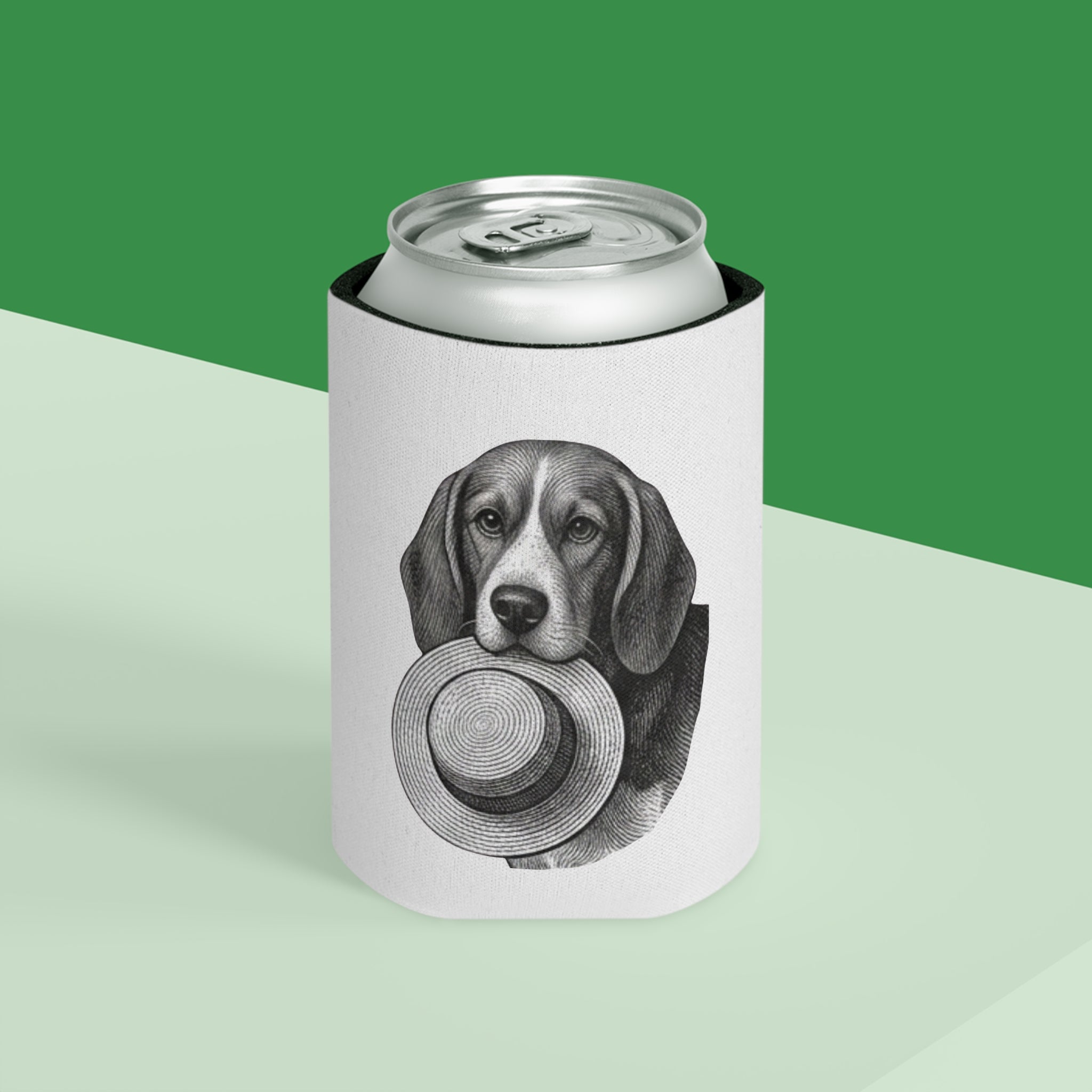 Can Cooler — Vintage Beagle Holding Straw Hat Illustration