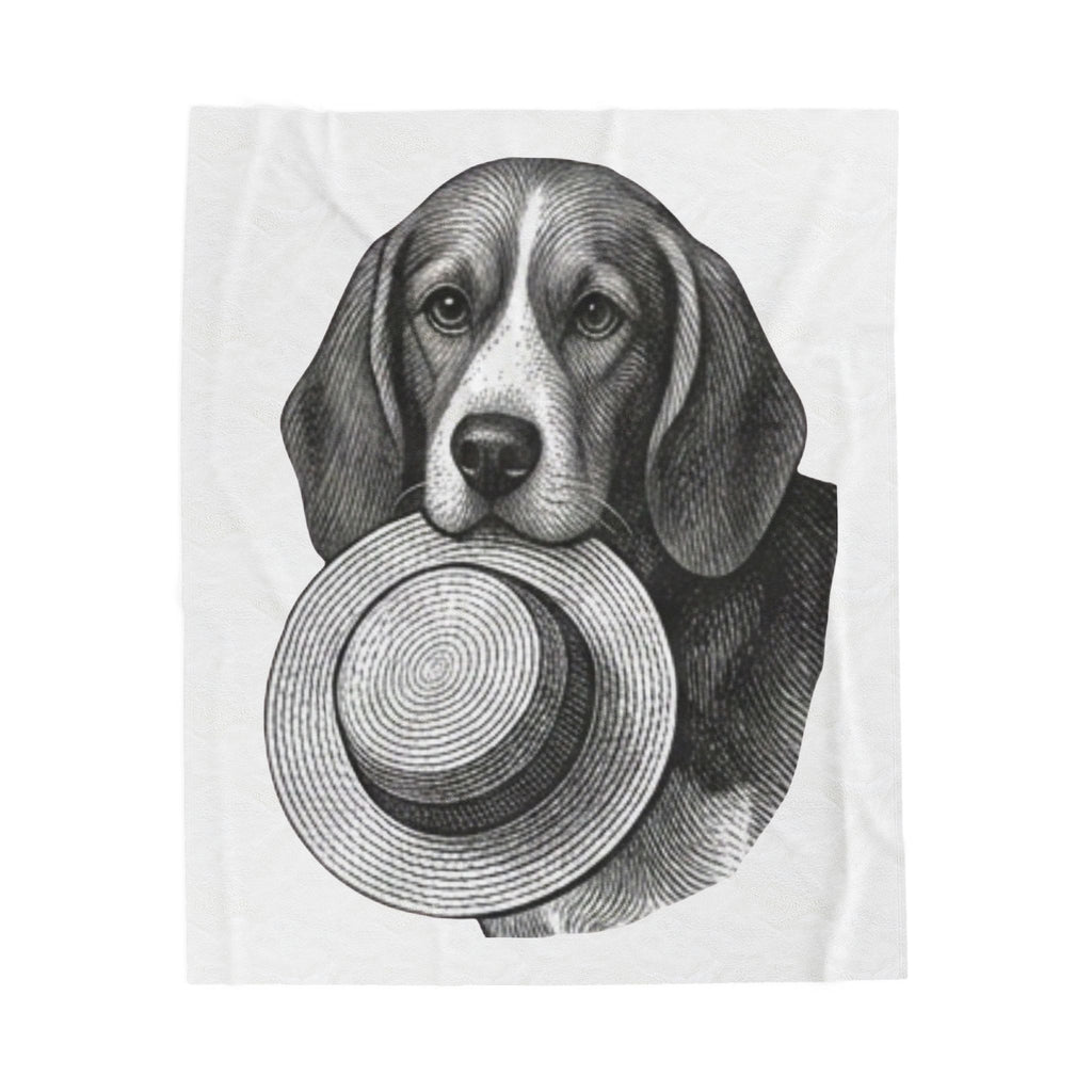 Beagle with Straw Hat Velveteen Plush Blanket — Cozy Dog Throw for Pet Lovers