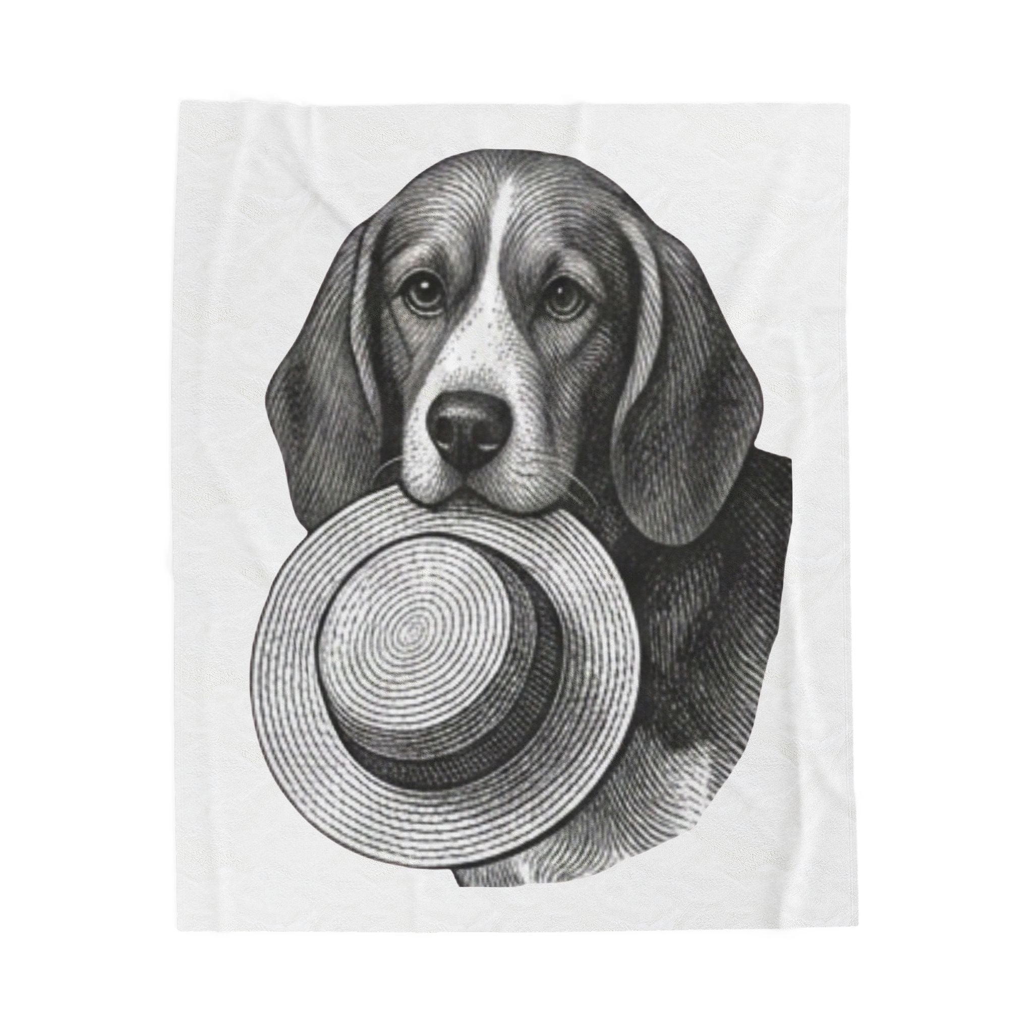 Beagle with Straw Hat Velveteen Plush Blanket — Cozy Dog Throw for Pet Lovers