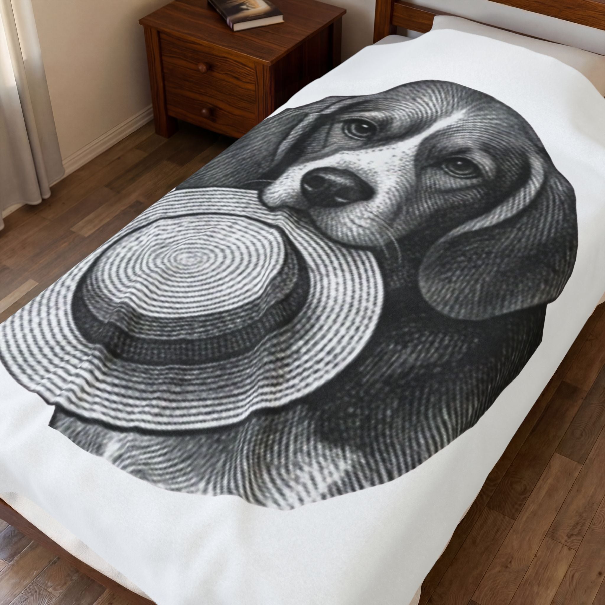 Beagle with Straw Hat Velveteen Plush Blanket — Cozy Dog Throw for Pet Lovers