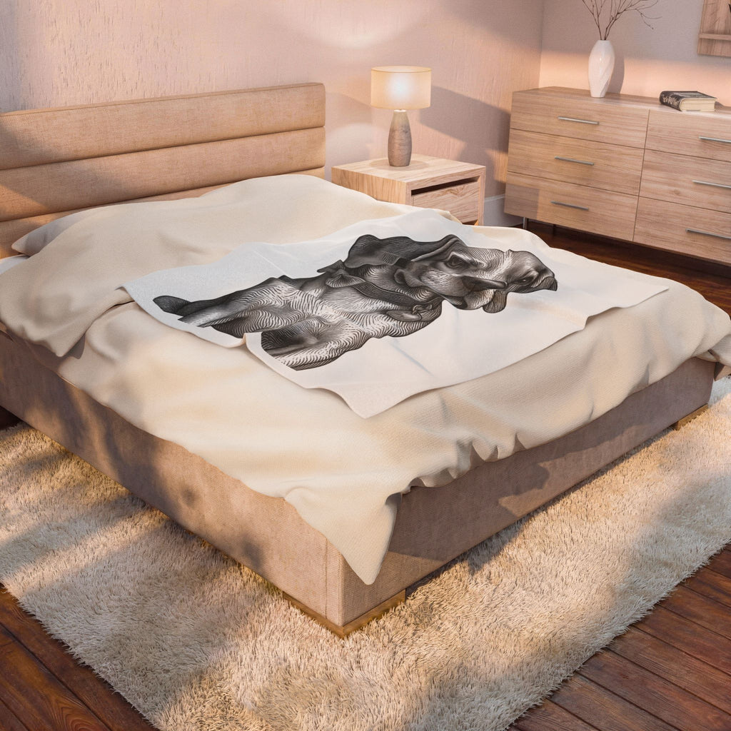 Beagle Portrait Velveteen Plush Blanket — Soft Black & White Dog Throw - Barry the Distinguished Bowtie Beagle