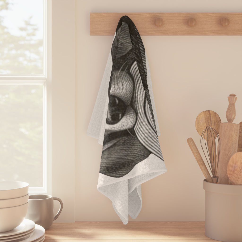 Beagle with Straw Hat Microfiber Tea Towel — Cute Dog Kitchen Towel, Vintage Sketch Art