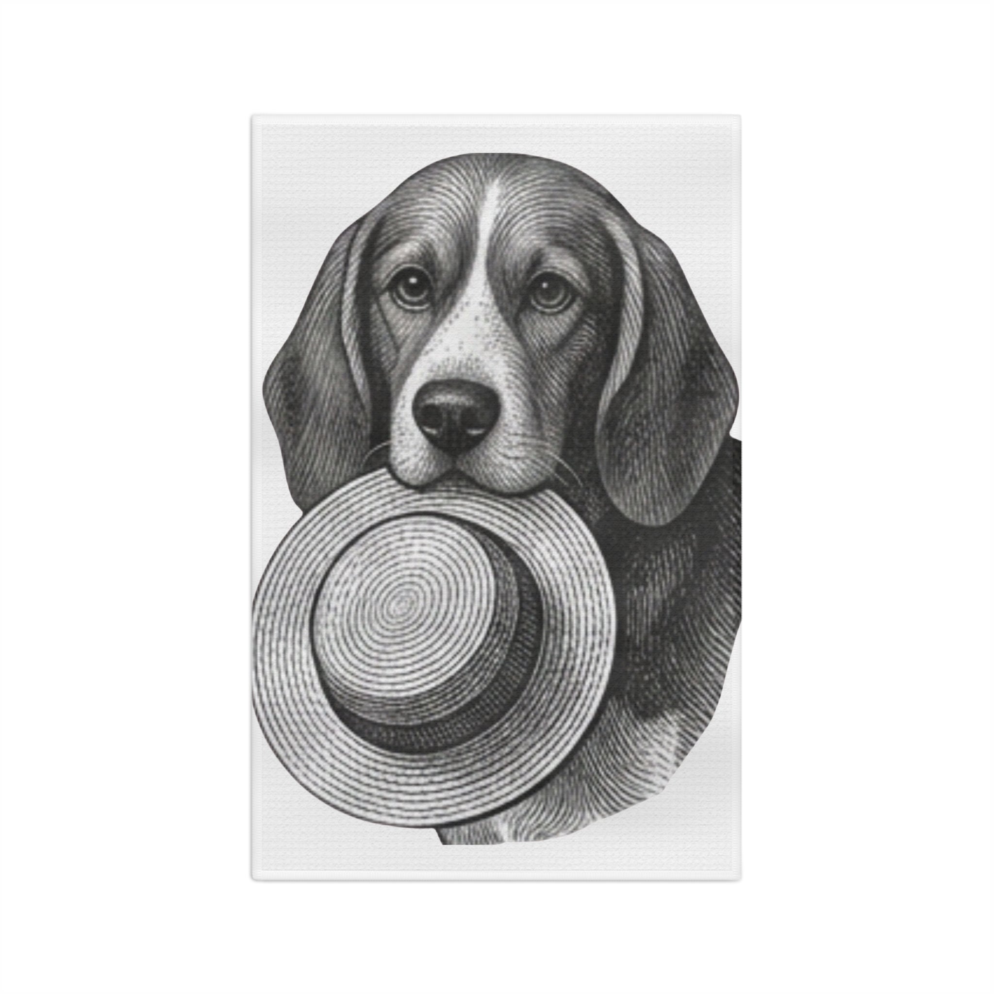 Beagle with Straw Hat Microfiber Tea Towel — Cute Dog Kitchen Towel, Vintage Sketch Art