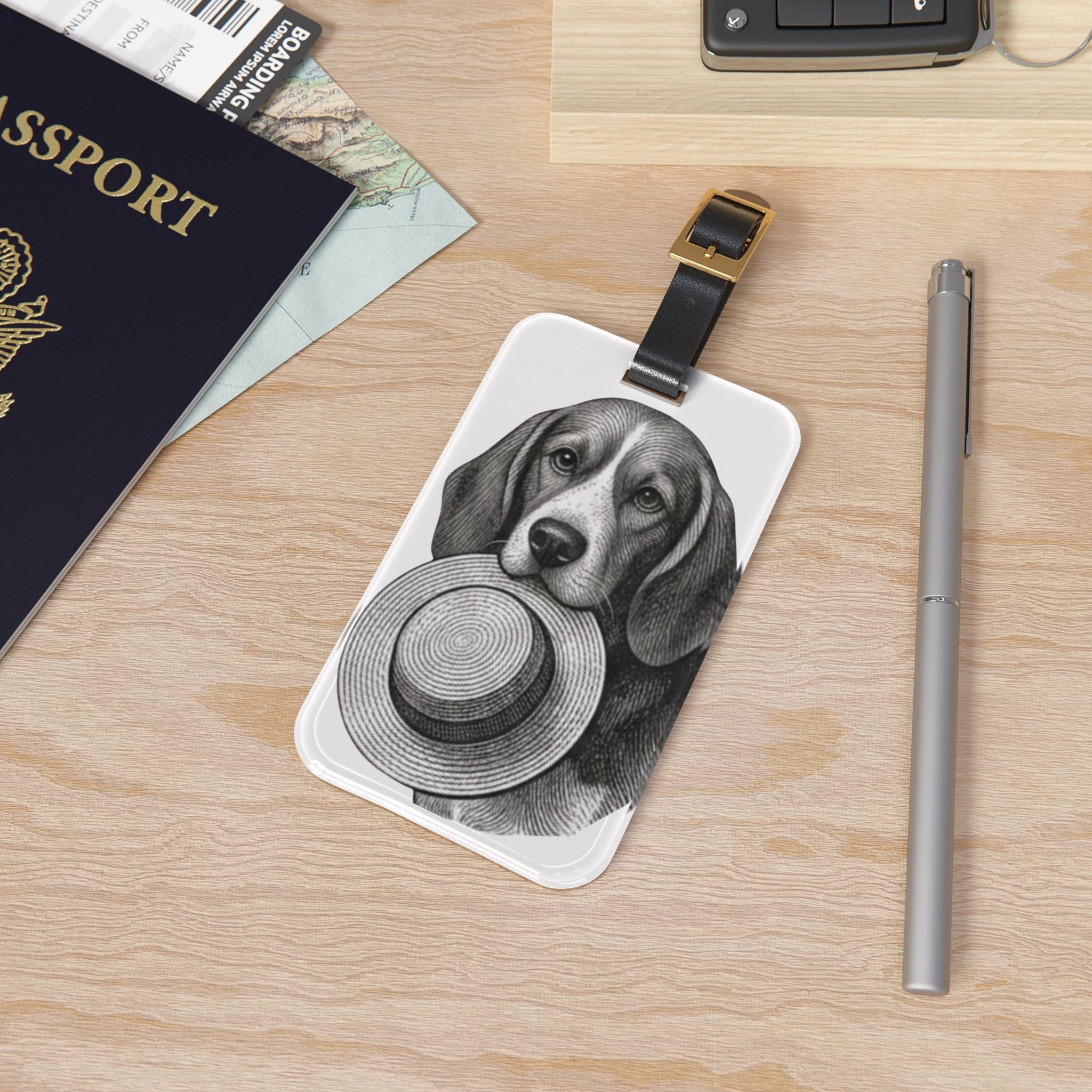 Beagle Holding Straw Hat Luggage Tag — Cute Travel Bag ID Tag for Dog Lovers