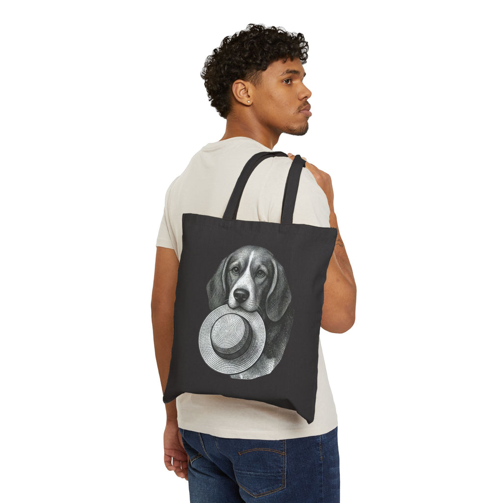 Beagle Holding Straw Hat Tote Bag — Vintage Dog Canvas Tote