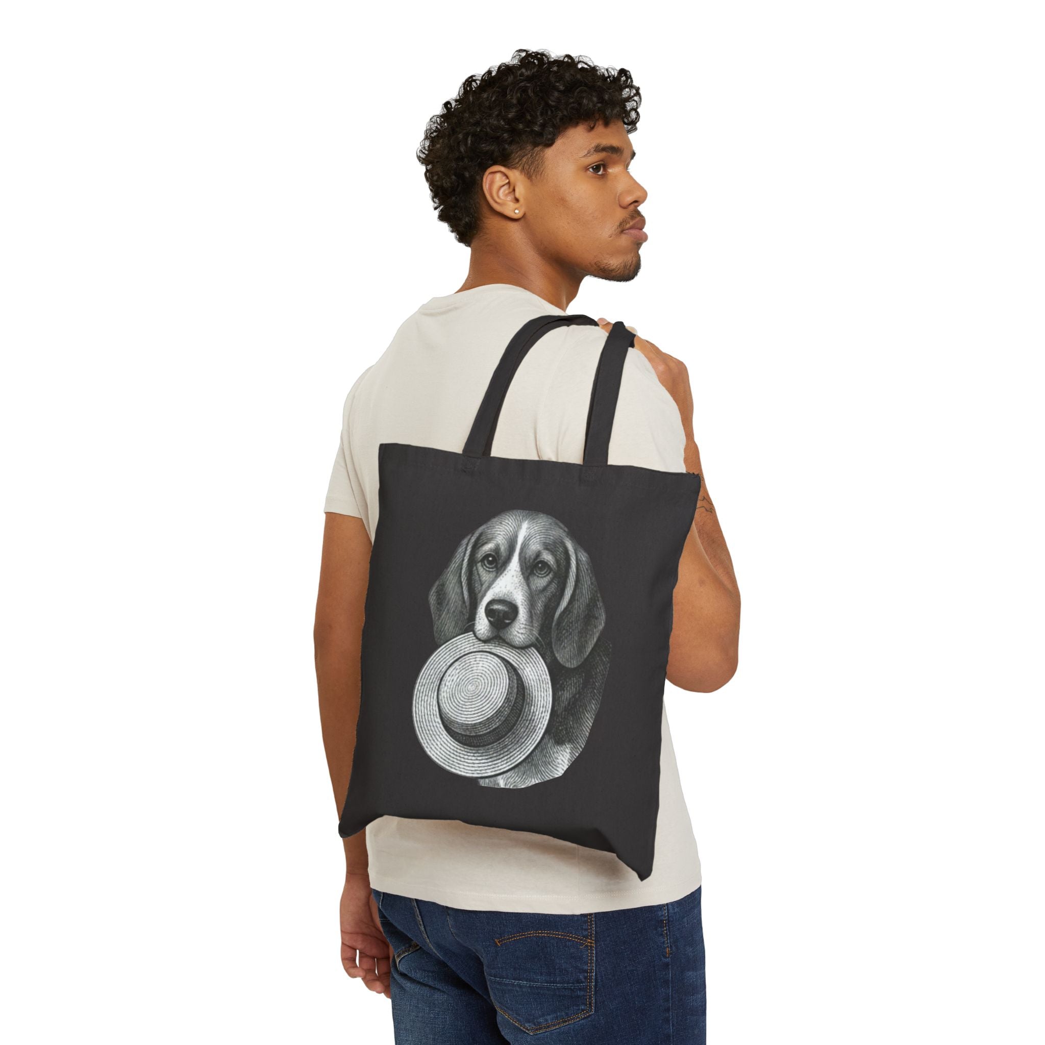 Beagle Holding Straw Hat Tote Bag — Vintage Dog Canvas Tote