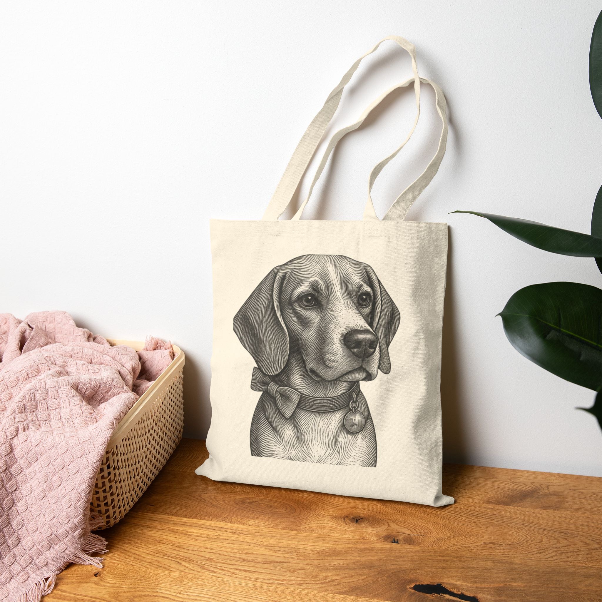 Beagle Tote Bag – Beagle-  Barry the Distinguished Bowtie Beagle  Illustration Canvas Grocery Tote