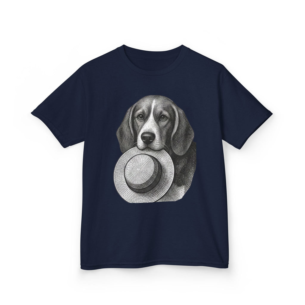 Kids Tee — Beagle Holding Straw Hat Cute Dog Graphic