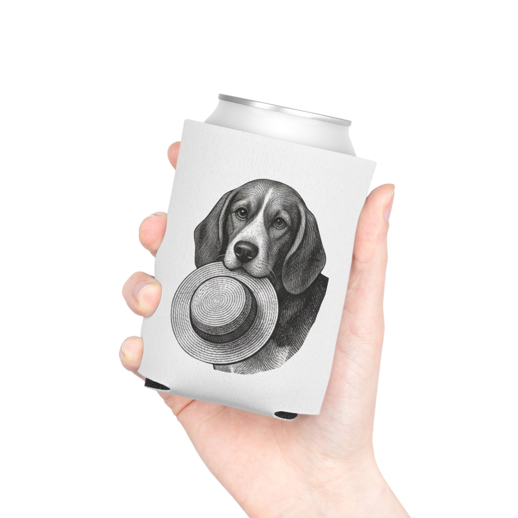 Can Cooler — Vintage Beagle Holding Straw Hat Illustration