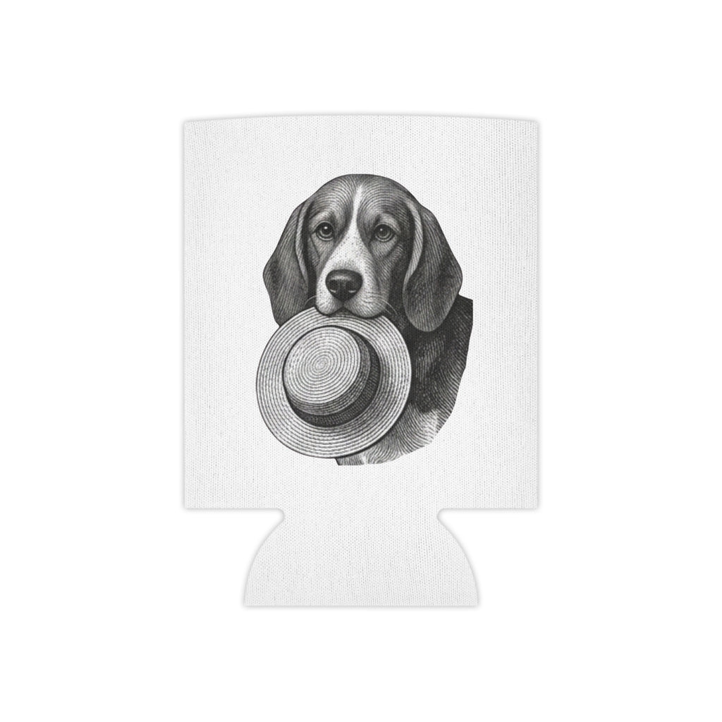 Can Cooler — Vintage Beagle Holding Straw Hat Illustration