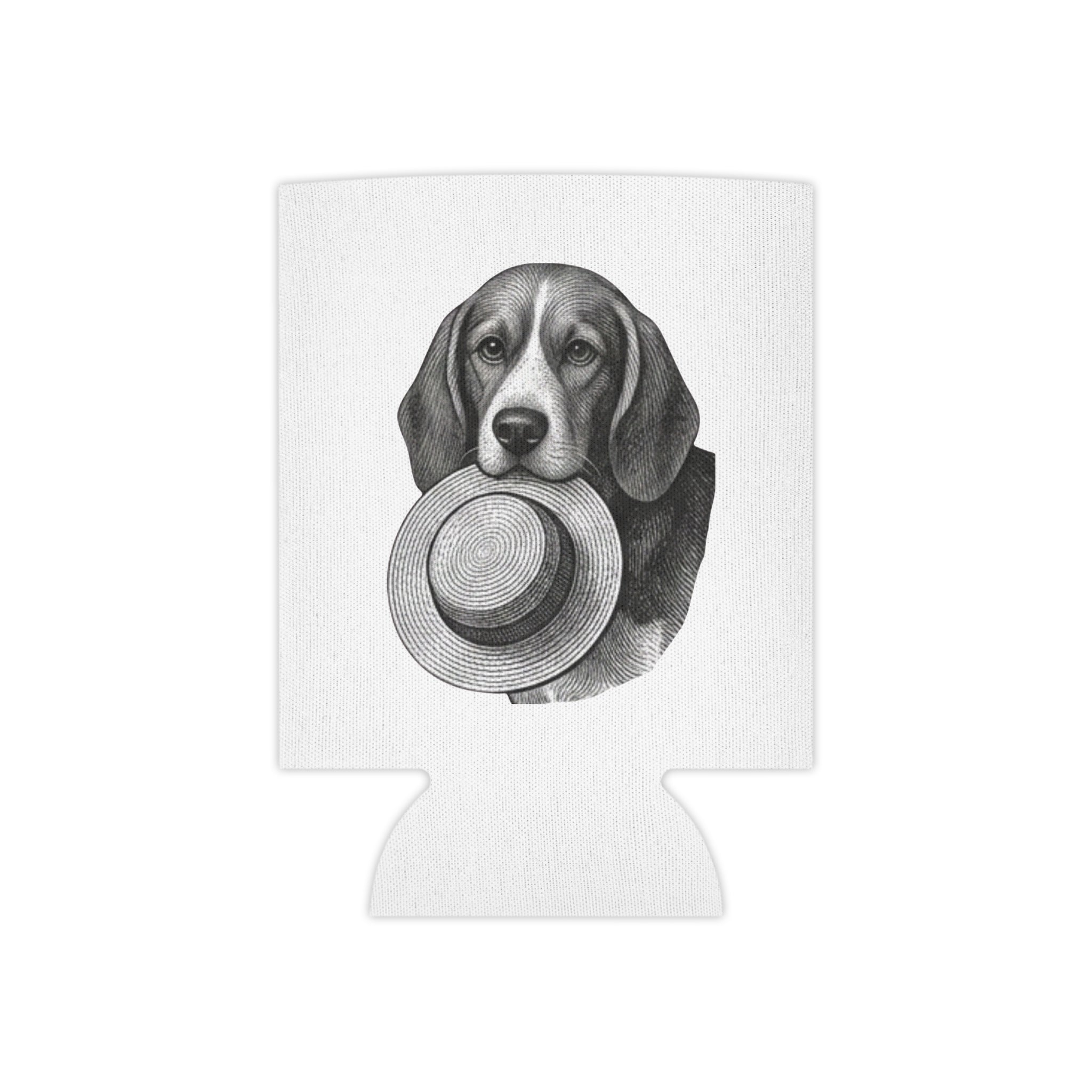 Can Cooler — Vintage Beagle Holding Straw Hat Illustration
