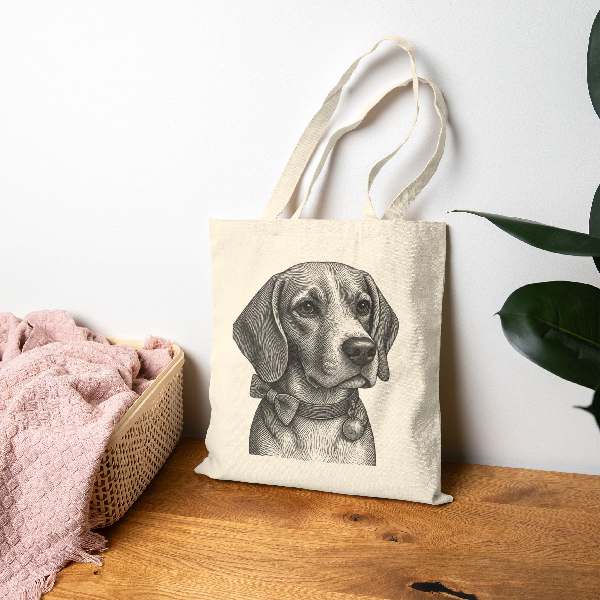 Beagle Tote Bag – Beagle-  Barry the Distinguished Bowtie Beagle  Illustration Canvas Grocery Tote