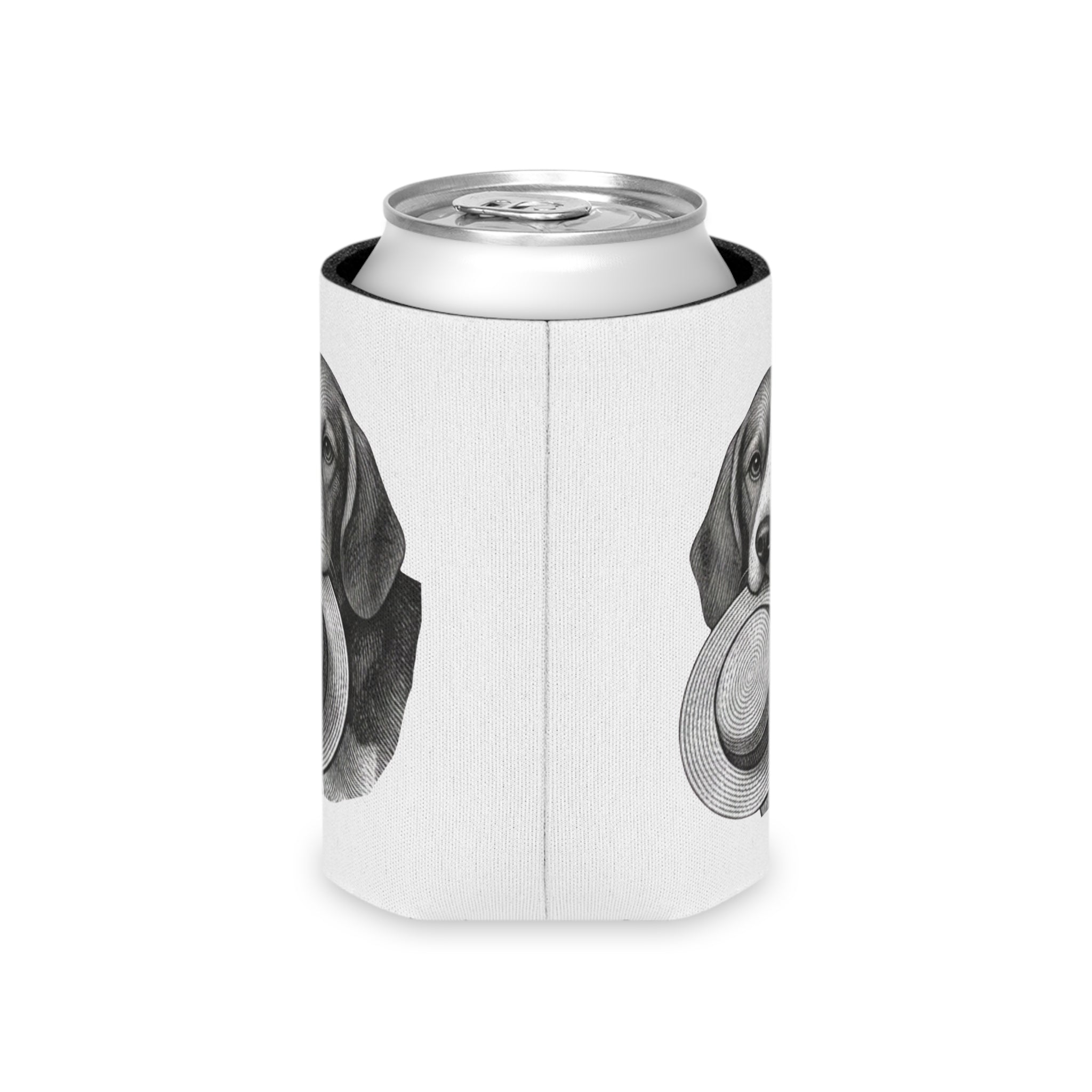Can Cooler — Vintage Beagle Holding Straw Hat Illustration