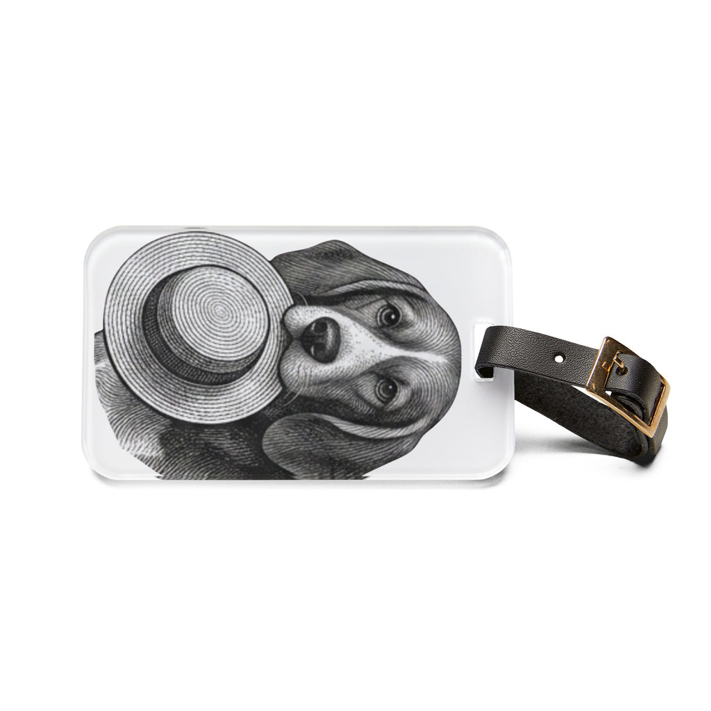 Beagle Holding Straw Hat Luggage Tag — Cute Travel Bag ID Tag for Dog Lovers