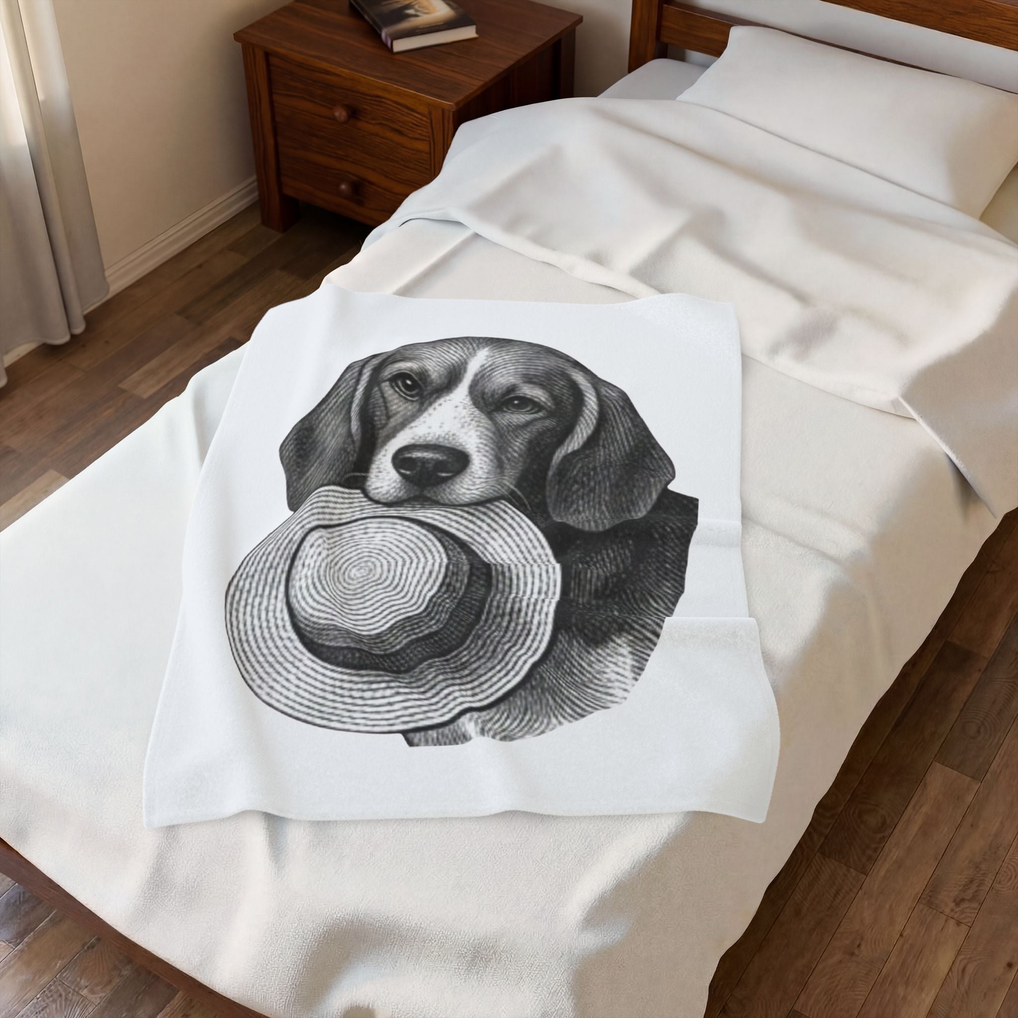 Beagle with Straw Hat Velveteen Plush Blanket — Cozy Dog Throw for Pet Lovers