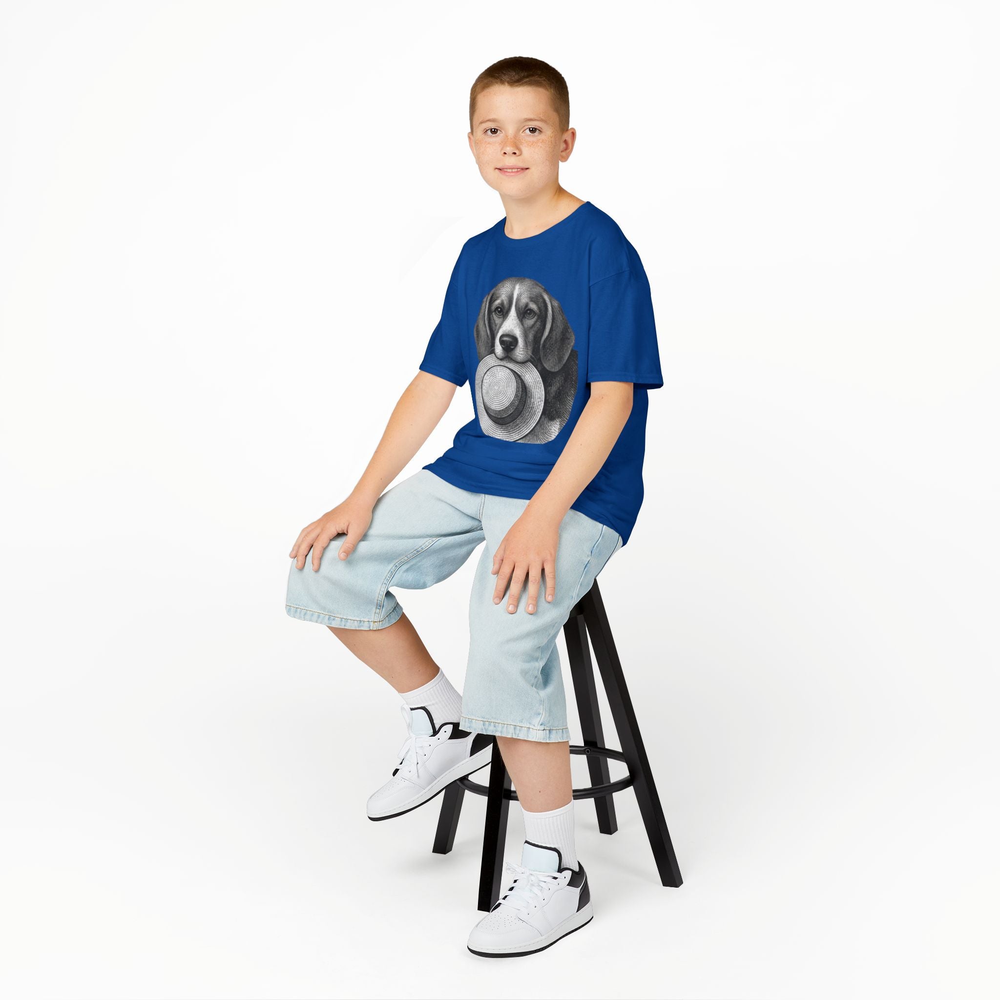Kids Tee — Beagle Holding Straw Hat Cute Dog Graphic
