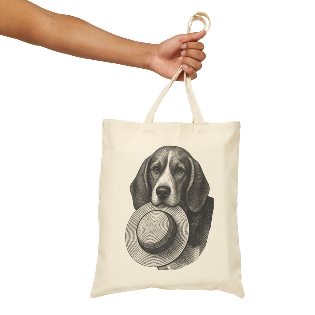 Beagle Holding Straw Hat Tote Bag — Vintage Dog Canvas Tote