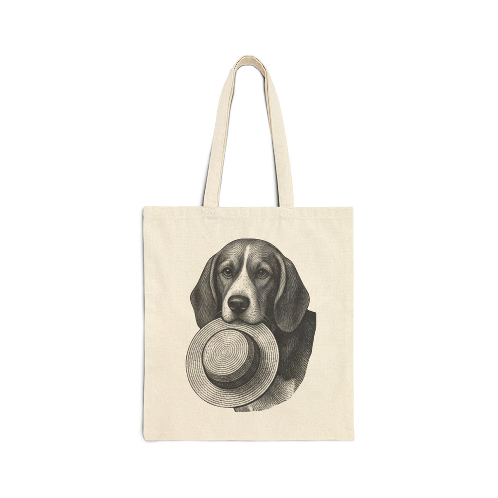 Beagle Holding Straw Hat Tote Bag — Vintage Dog Canvas Tote