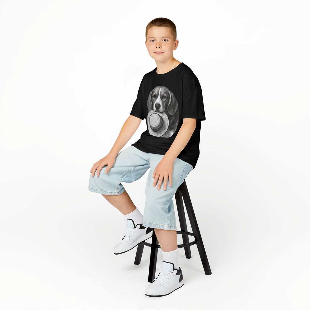 Kids Tee — Beagle Holding Straw Hat Cute Dog Graphic