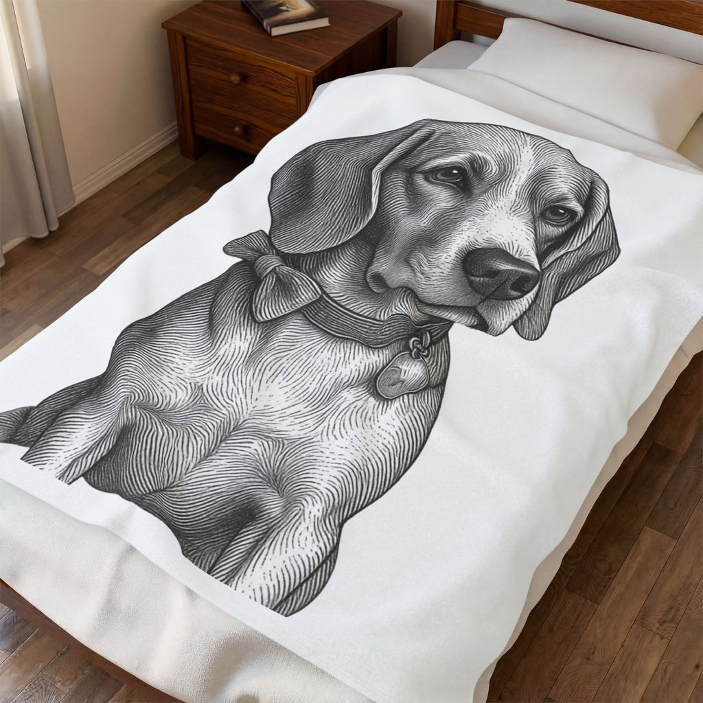 Beagle Portrait Velveteen Plush Blanket — Soft Black & White Dog Throw - Barry the Distinguished Bowtie Beagle