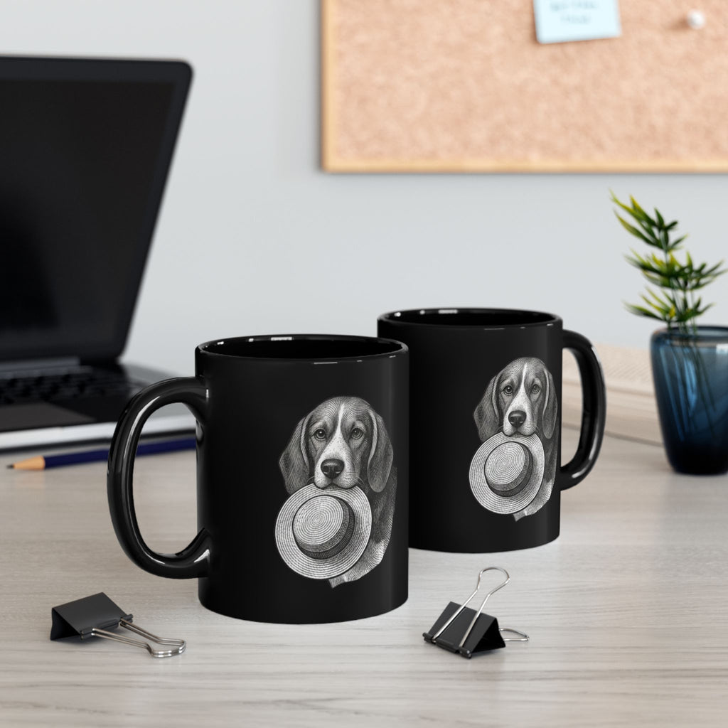 Beagle with Straw Hat Black Mug — Cute Dog Coffee Tea Cup (11oz/15oz)