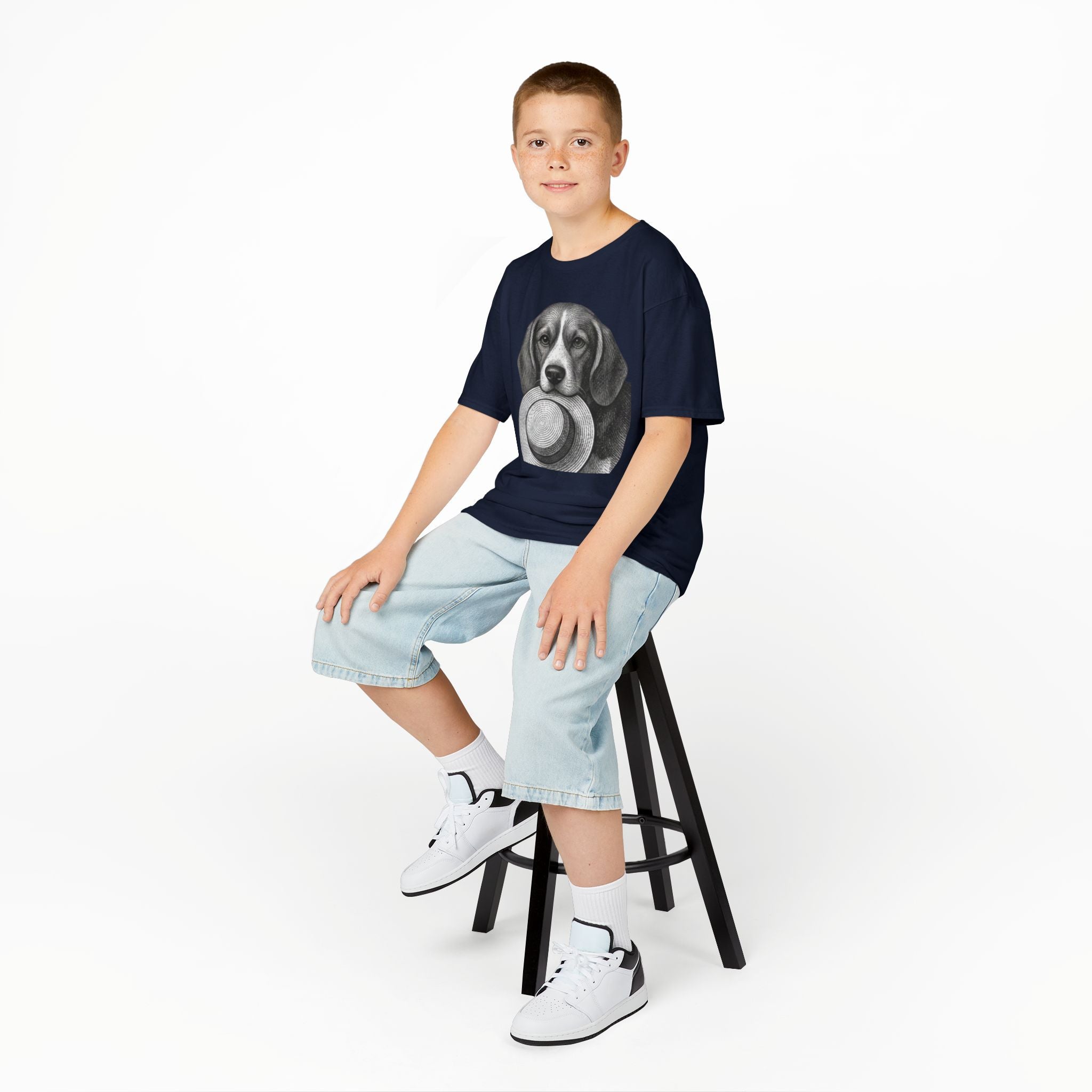 Kids Tee — Beagle Holding Straw Hat Cute Dog Graphic