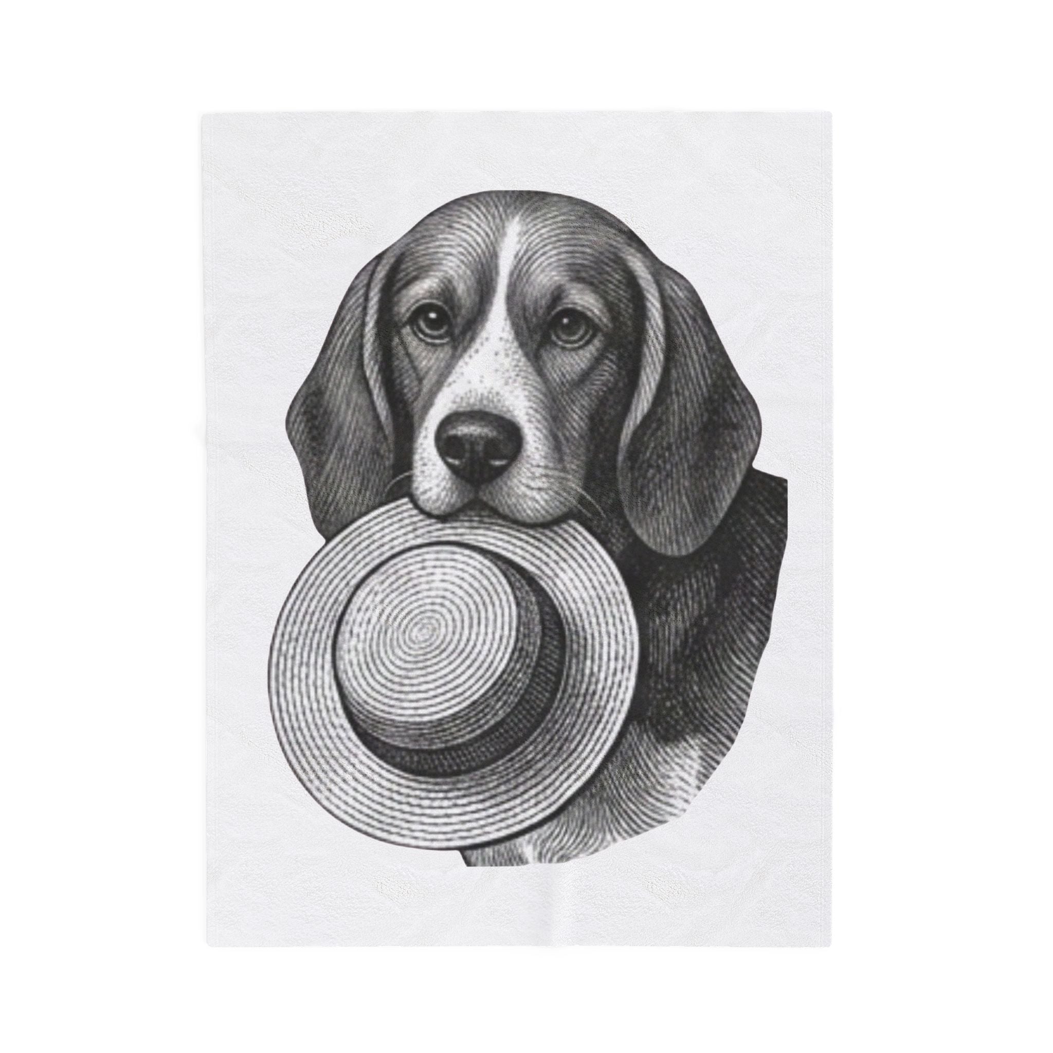 Beagle with Straw Hat Velveteen Plush Blanket — Cozy Dog Throw for Pet Lovers