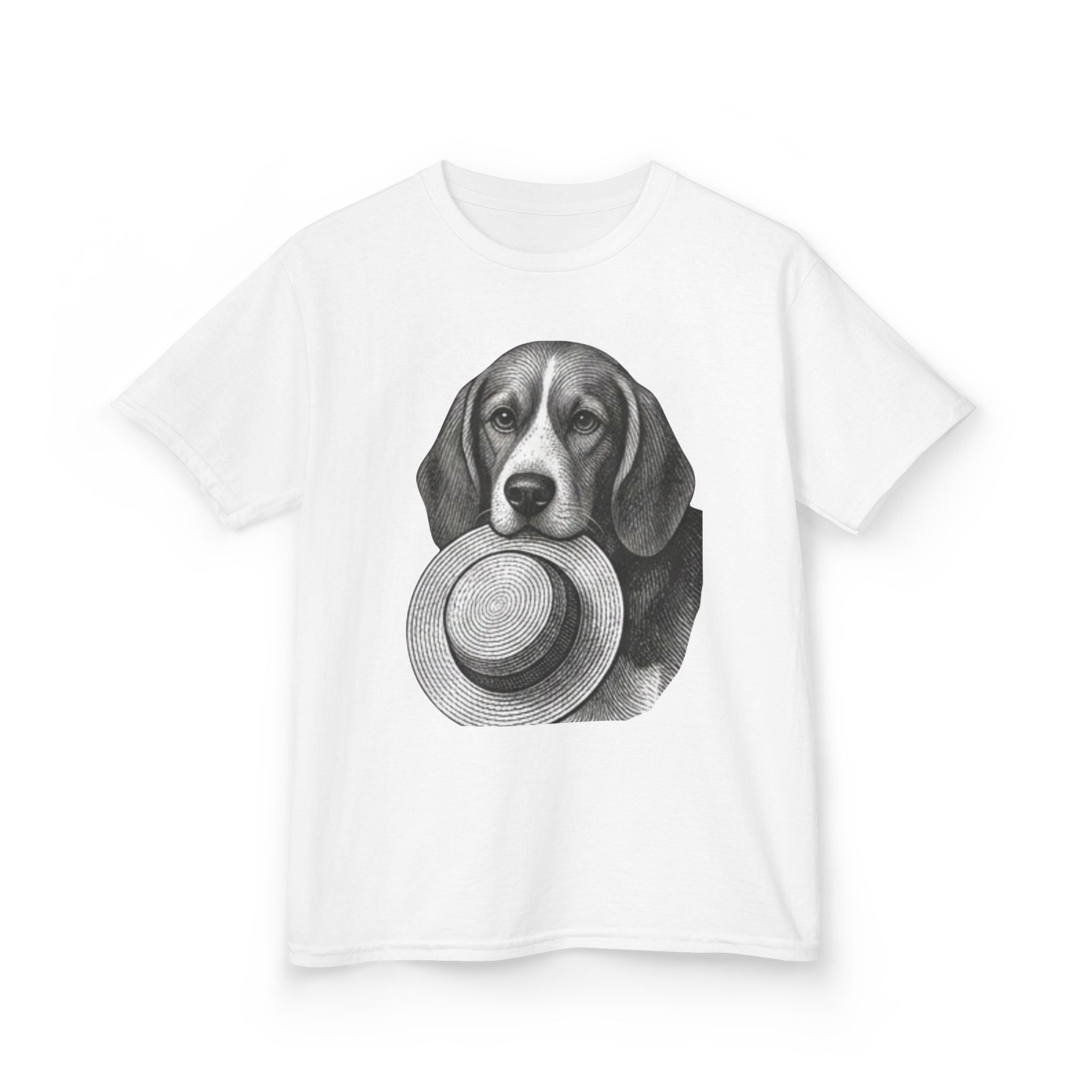 Kids Tee — Beagle Holding Straw Hat Cute Dog Graphic