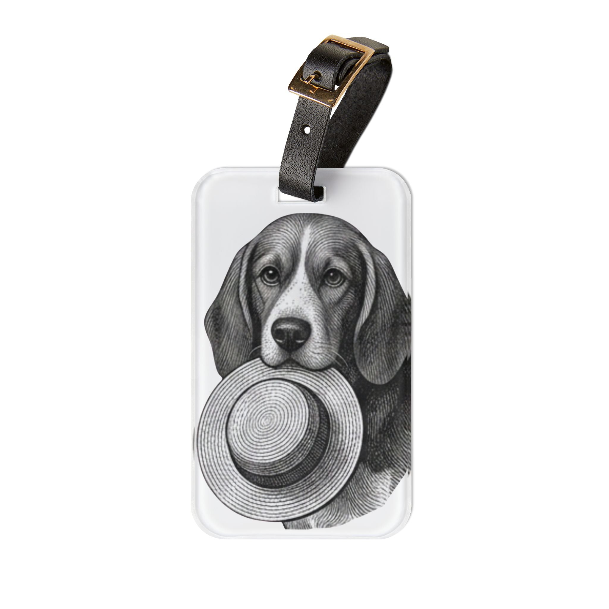 Beagle Holding Straw Hat Luggage Tag — Cute Travel Bag ID Tag for Dog Lovers