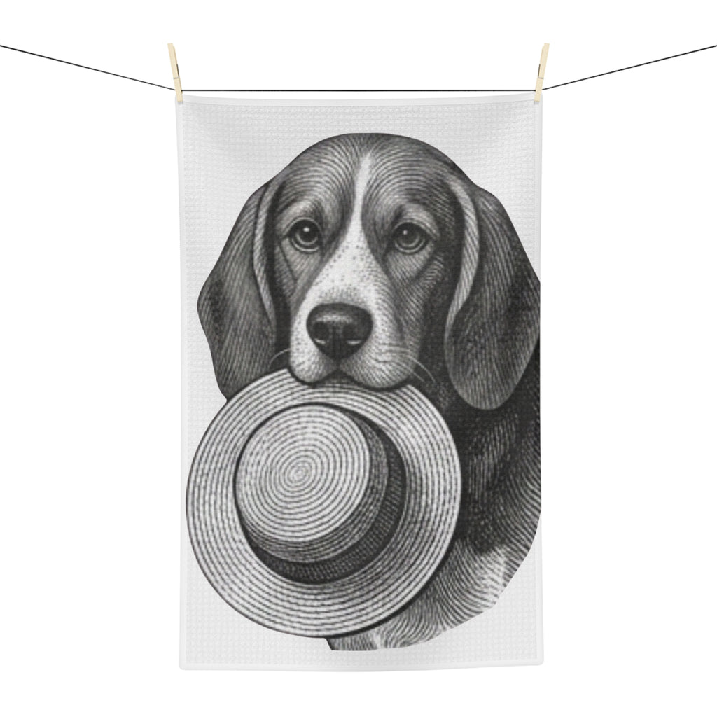 Beagle with Straw Hat Microfiber Tea Towel — Vintage Dog Kitchen Towel