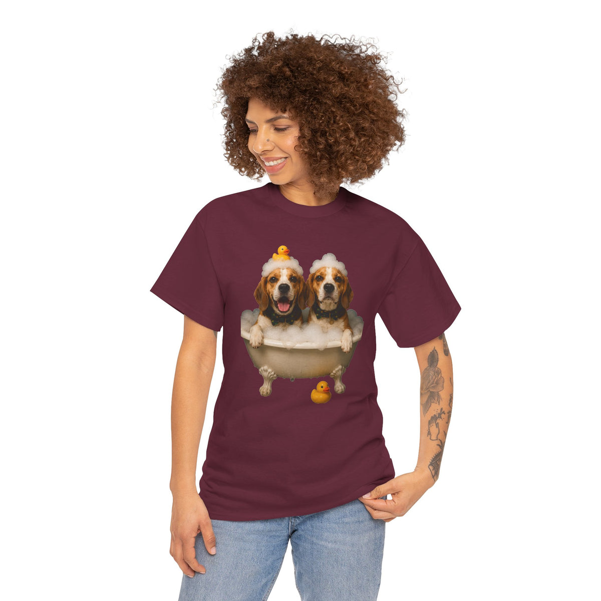Bathtime Buddies T‑Shirt — Cute Dogs in Rubber Duck Bathtub Tee