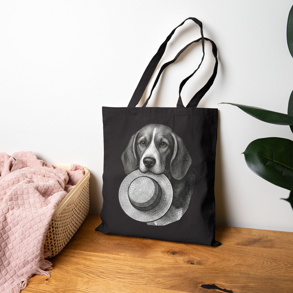 Beagle Holding Straw Hat Tote Bag — Vintage Dog Canvas Tote