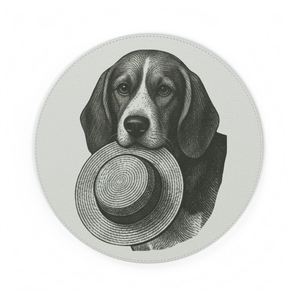 Beagle Holding Hat PU Leather Round Mouse Mat — Fergus the Hat Thief