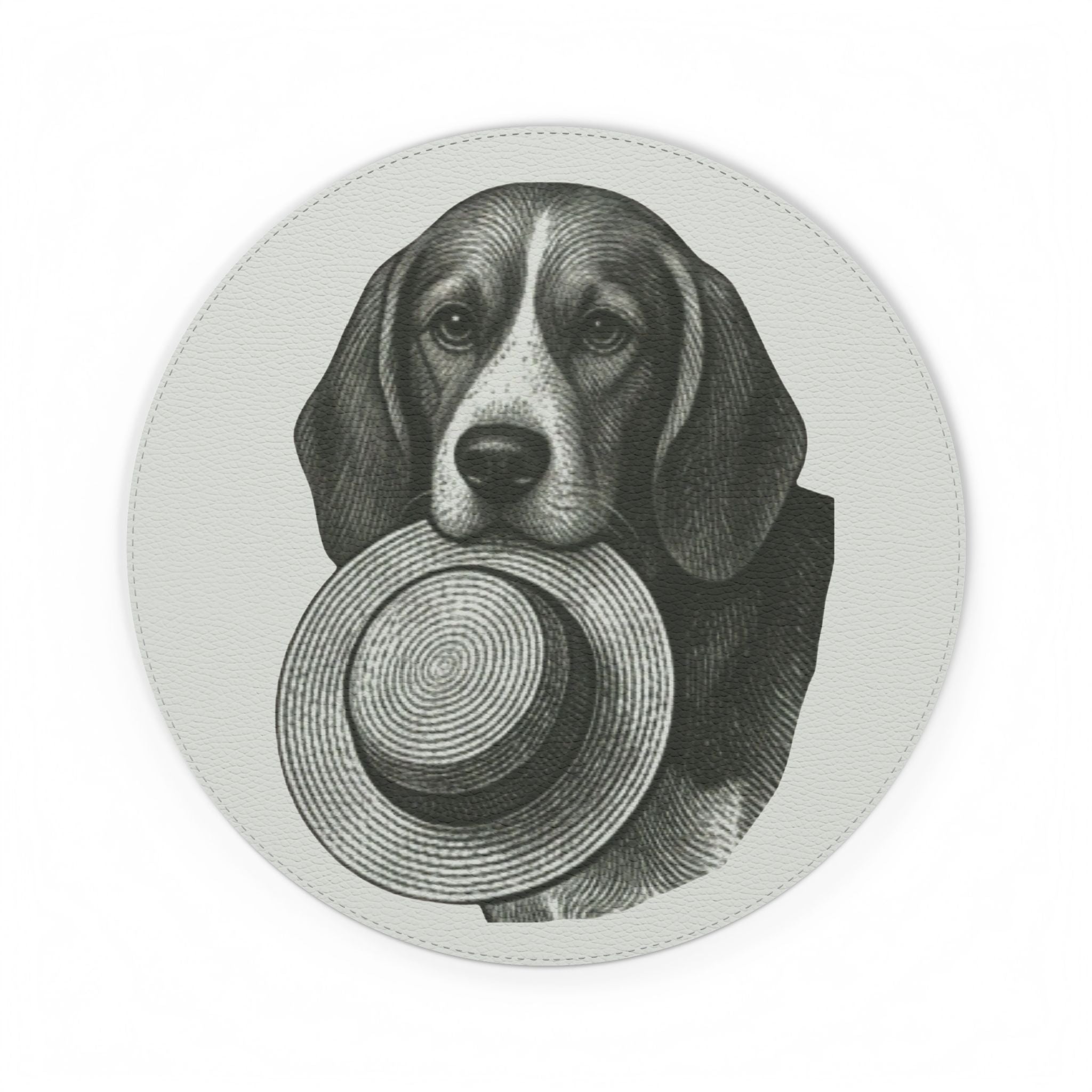 Beagle Holding Hat PU Leather Round Mouse Mat — Fergus the Hat Thief