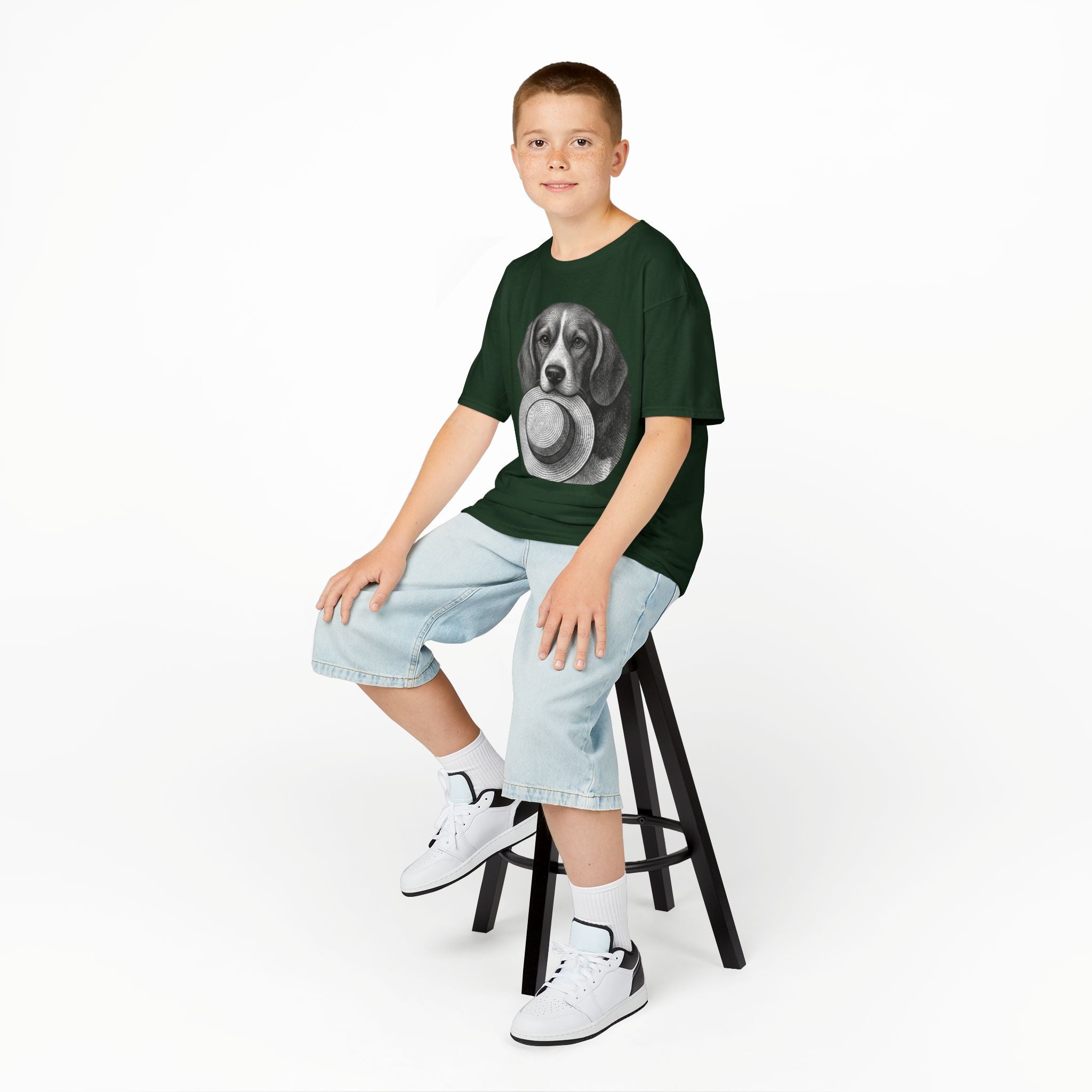 Kids Tee — Beagle Holding Straw Hat Cute Dog Graphic
