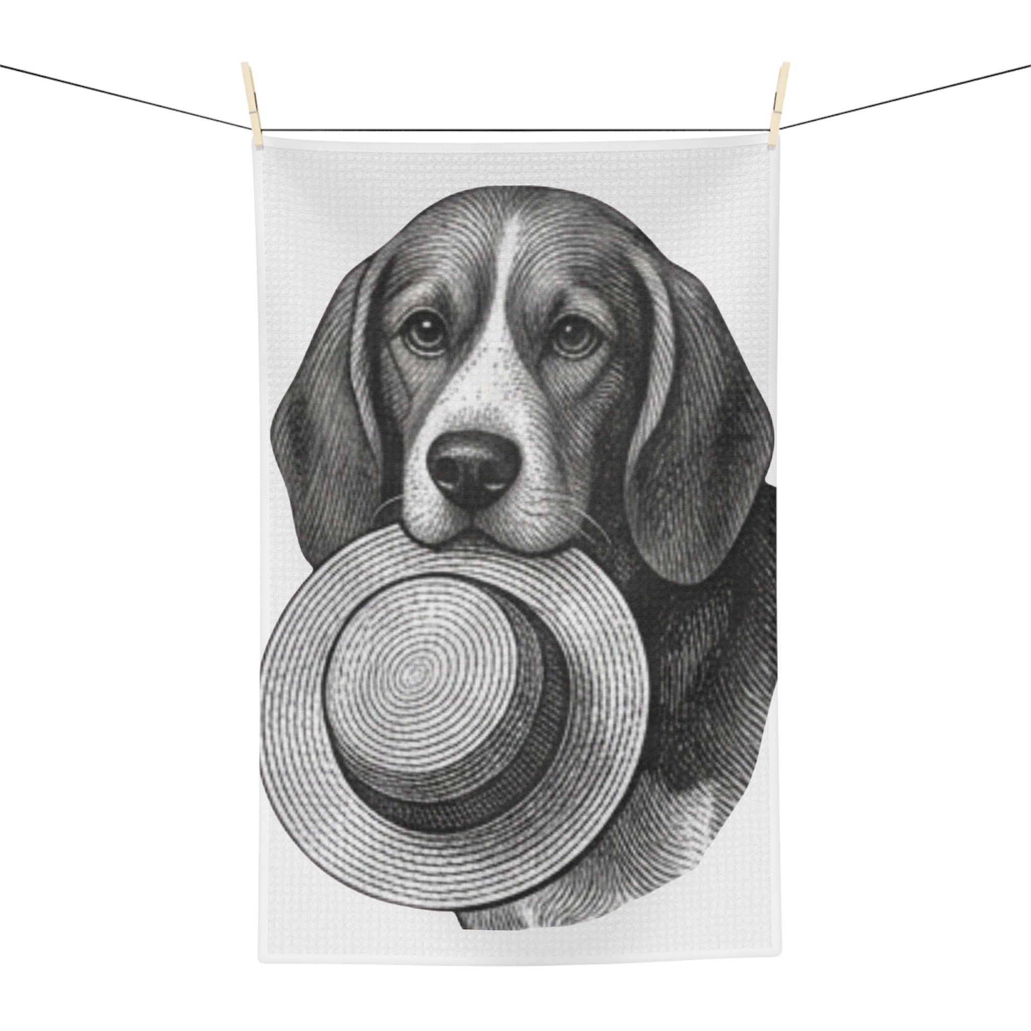 Beagle with Straw Hat Microfiber Tea Towel — Cute Dog Kitchen Towel, Vintage Sketch Art