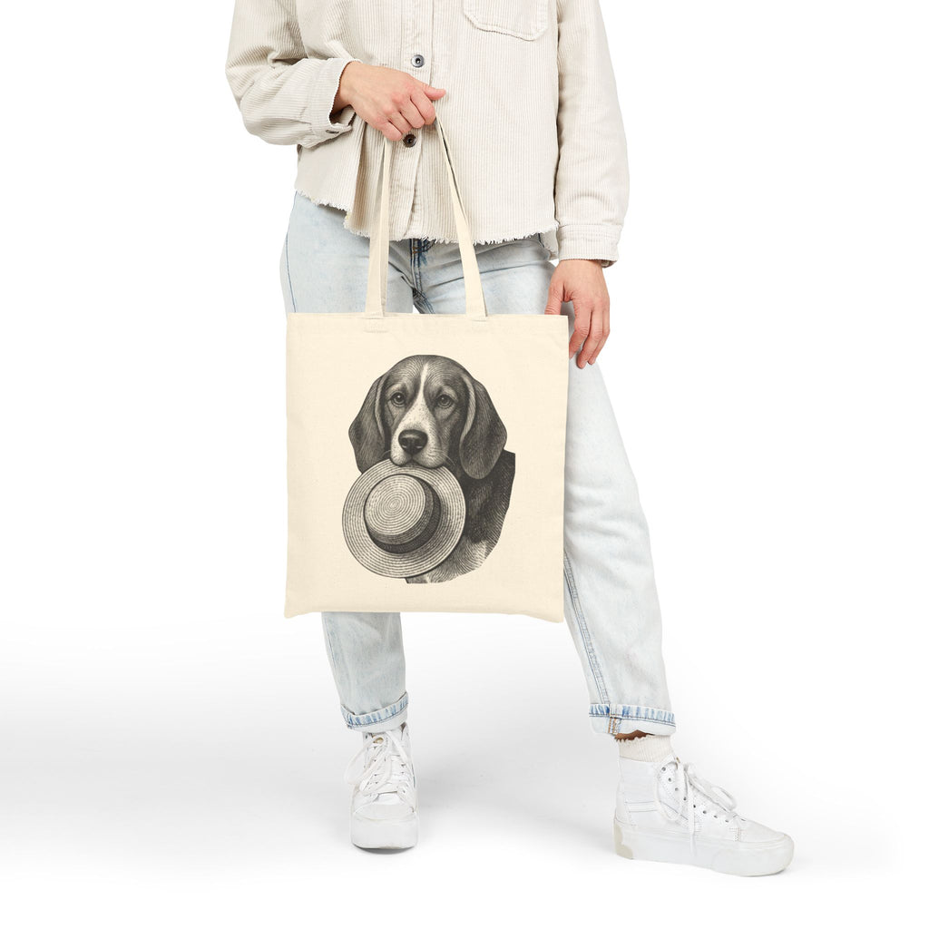 Beagle Holding Straw Hat Tote Bag — Vintage Dog Canvas Tote