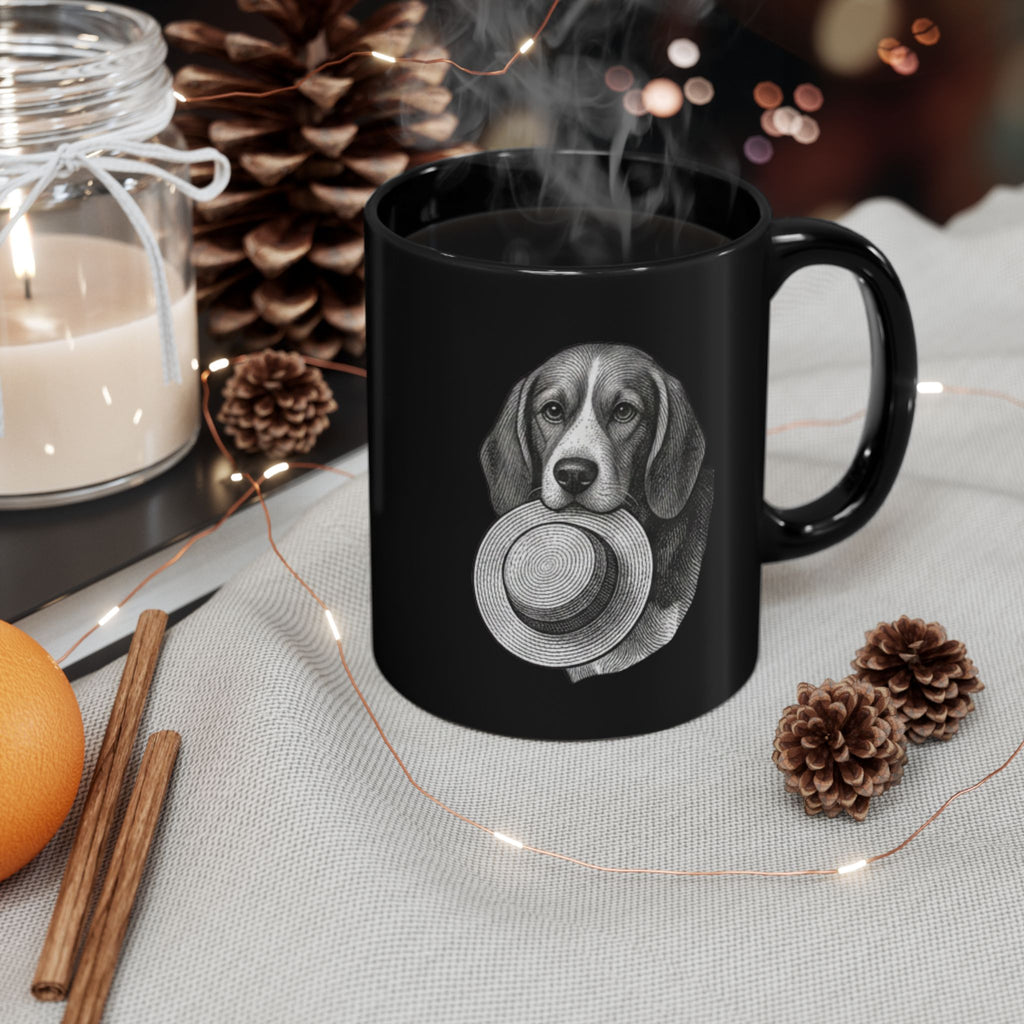 Beagle with Straw Hat Black Mug — Cute Dog Coffee Tea Cup (11oz/15oz)