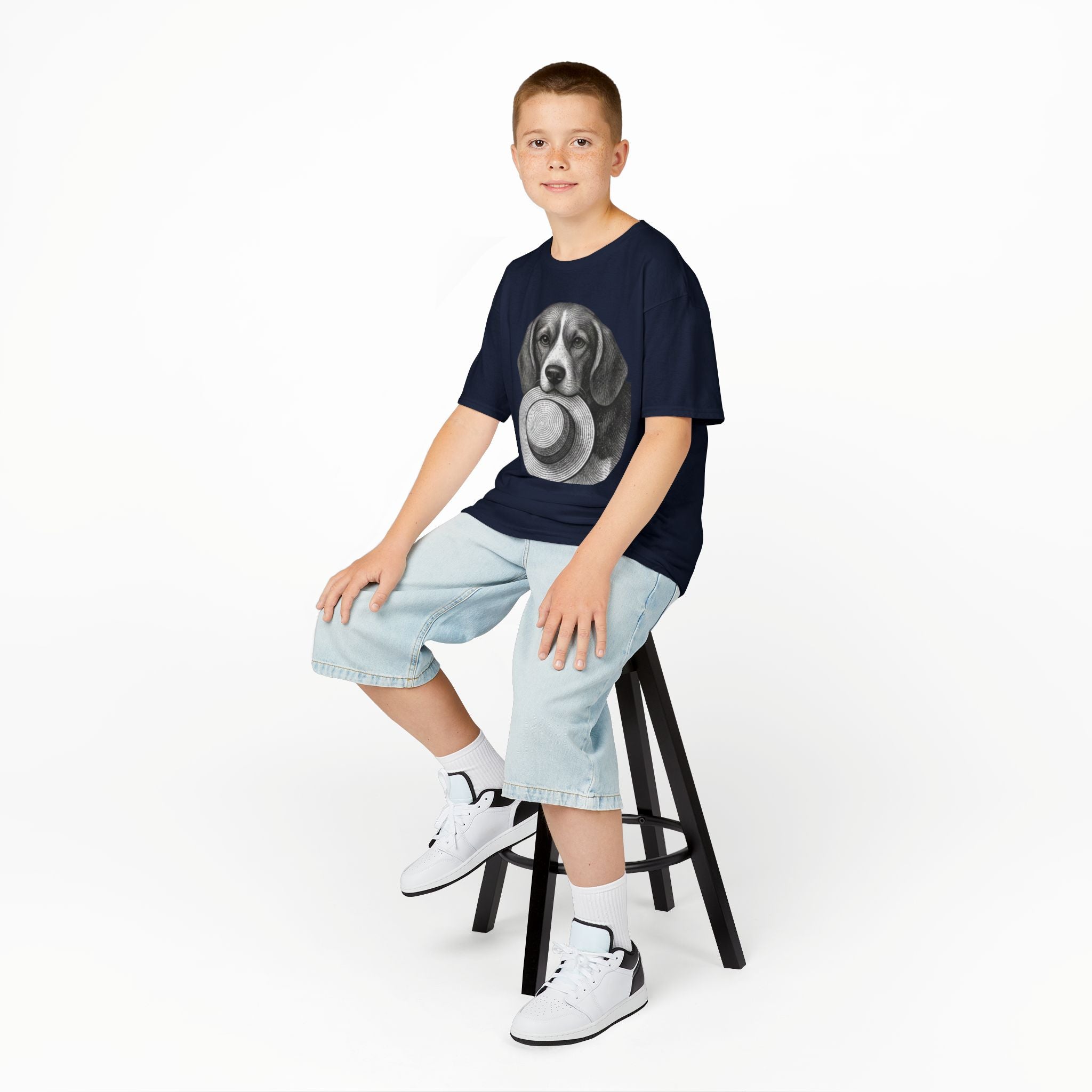 Kids Tee — Beagle Holding Straw Hat Cute Dog Graphic