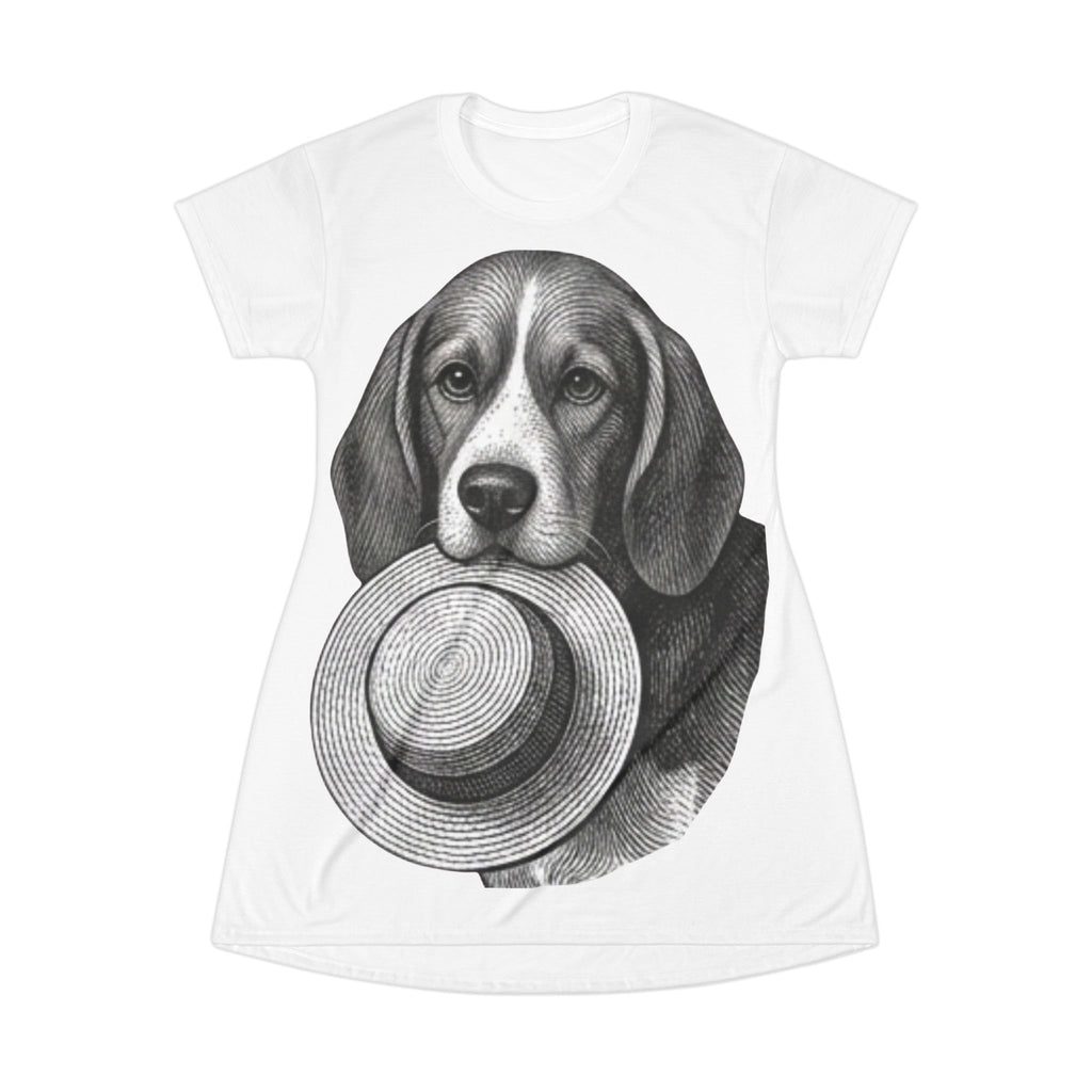 Beagle With Straw Hat T-Shirt Dress — Cute Vintage Dog Graphic Dress for Pet Lovers