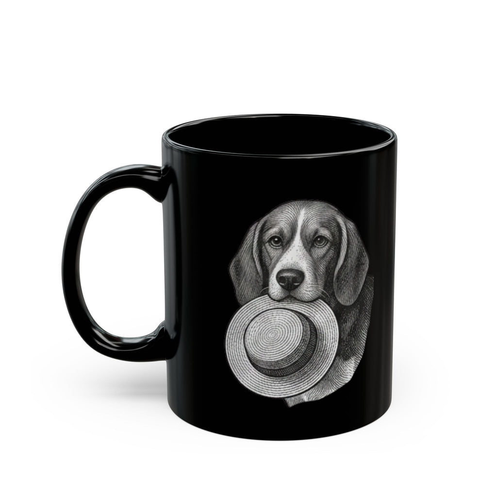 Beagle with Straw Hat Black Mug — Cute Dog Coffee Tea Cup (11oz/15oz)